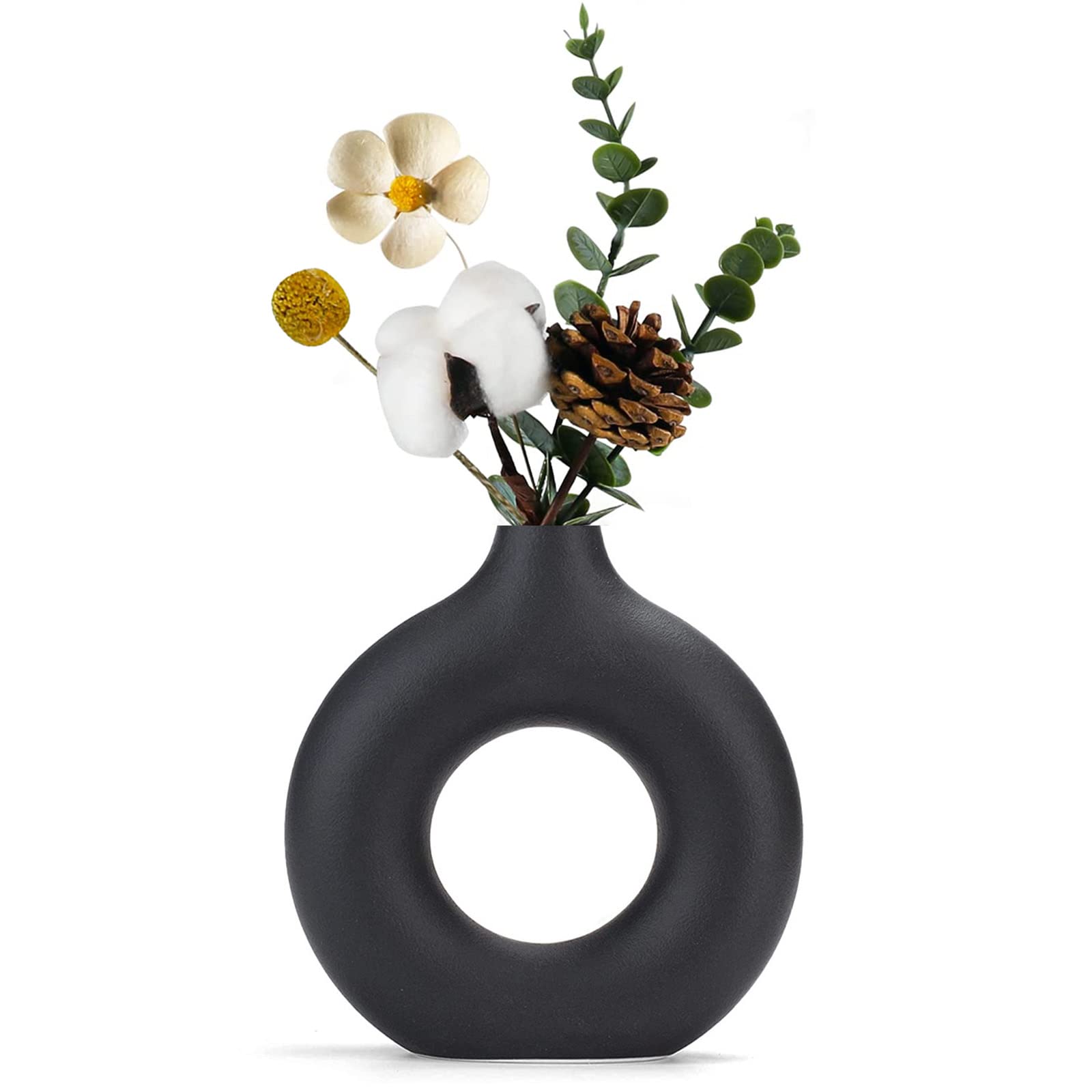 Sawoake Jarrón de cerámica de Donut Negro para decoración Moderna del hogar, jarrones Redondos para Hierba de Pampas, neutrales Boho nórdico Estilo minimalismo jarrones (Grande)