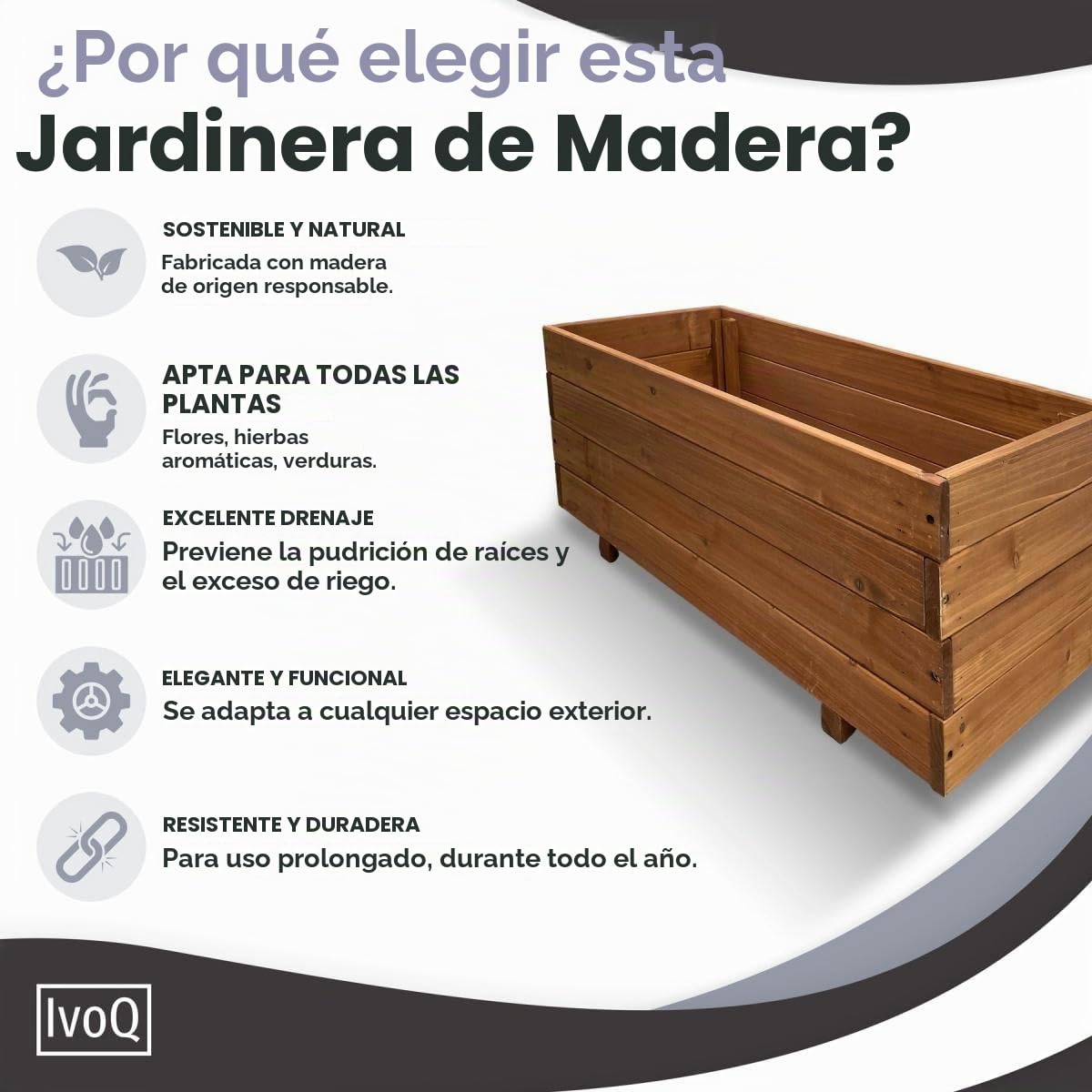 Jardinera de madera 80x40x32 cm – Madera maciza de abeto FSC – Jardinera resistente a la intemperie con drenaje y bolsa no tejida – Plantador duradero para jardín, balcón y terraza