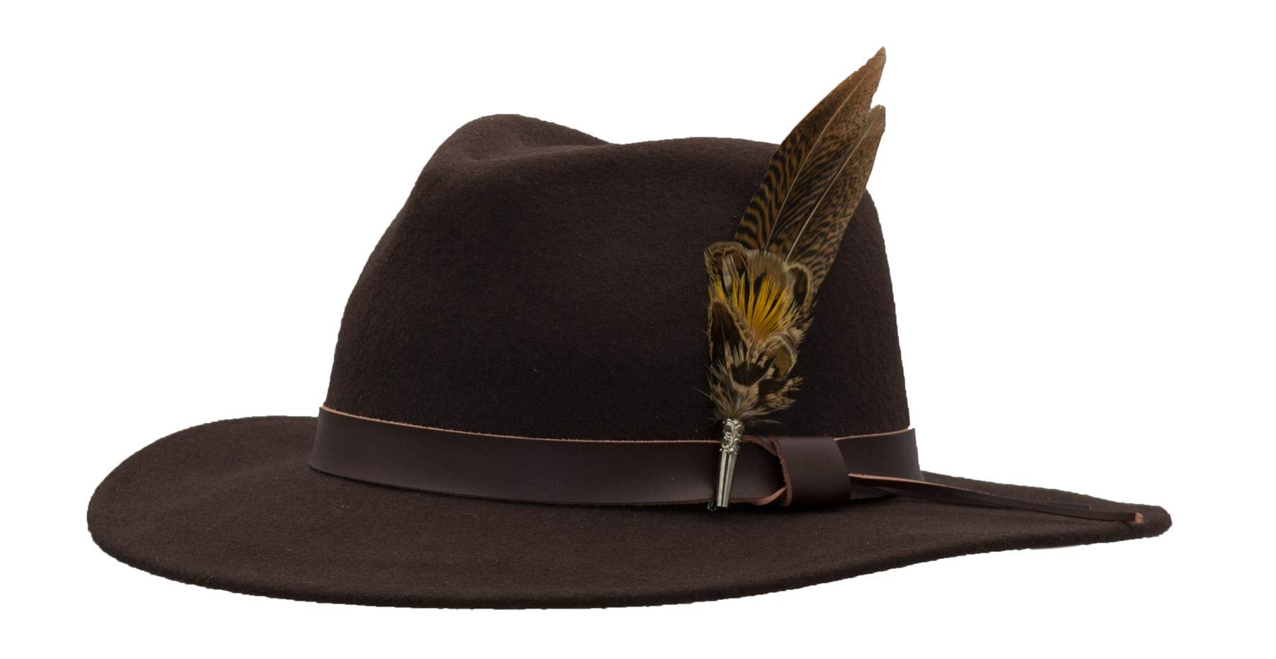 WALKER AND HAWKES - Richmond Fedora Crushable Felt Hat w/Leather Trim and Feather Brooch - Brown - Medium (58cm)