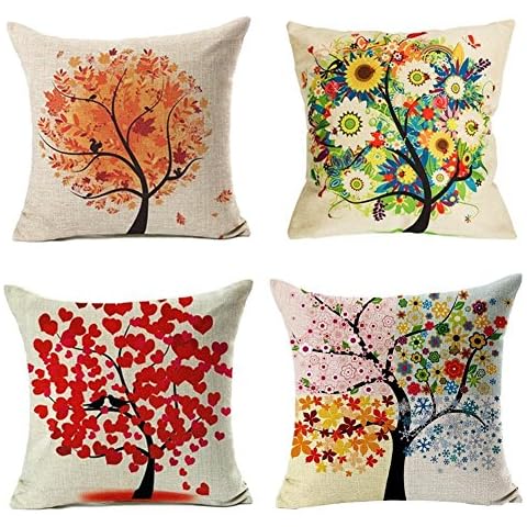 Funda de Almohada de Algodón de Lino con Estampado de Árbol de Flor de Otoño, Pack de 4, Gspirit Cover
