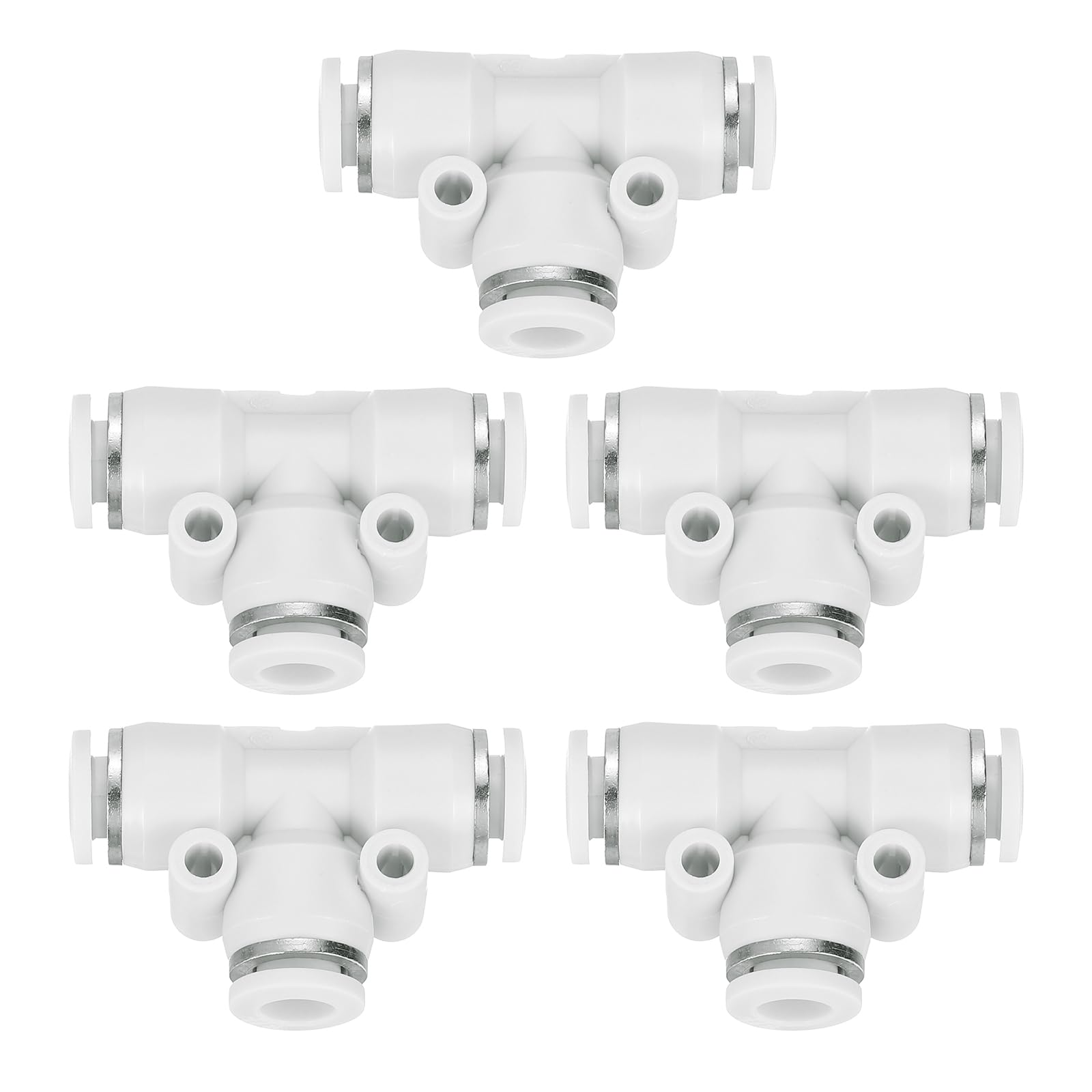 sourcing map 5pcs Push to Connect Fittings 1/4 Inch Tube OD t Shape Tee Plastic Quick Connect Air Hose Pneumatic Fitting Kit Reducing 3 Ways Push Lock Connector, White