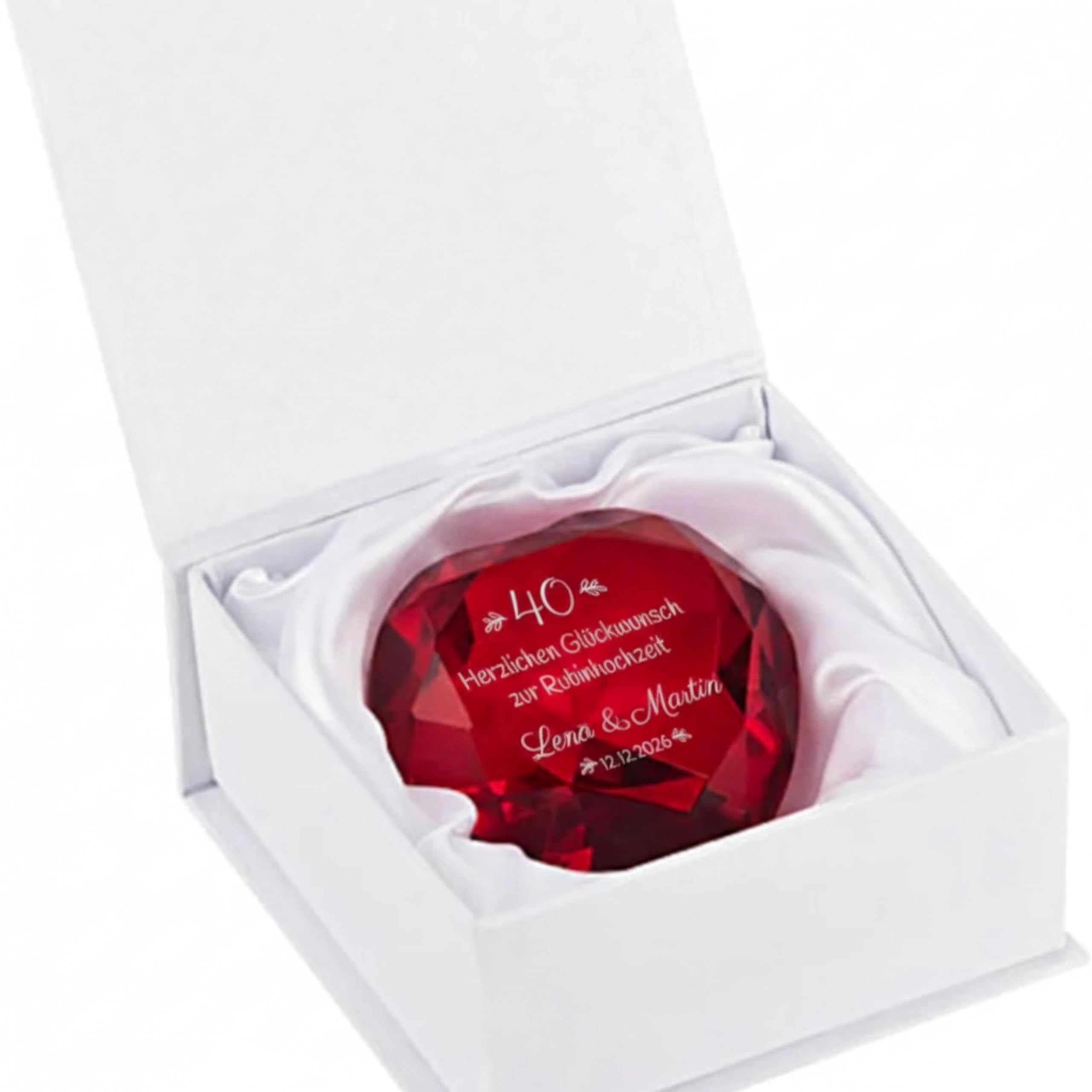 4You Design | Glasdiamant zur Rubinhochzeit mit Gravur | Personalisiertes Geschenk zum 40. Hochzeitstag | Kristall-Diamant mit Namen & Datum