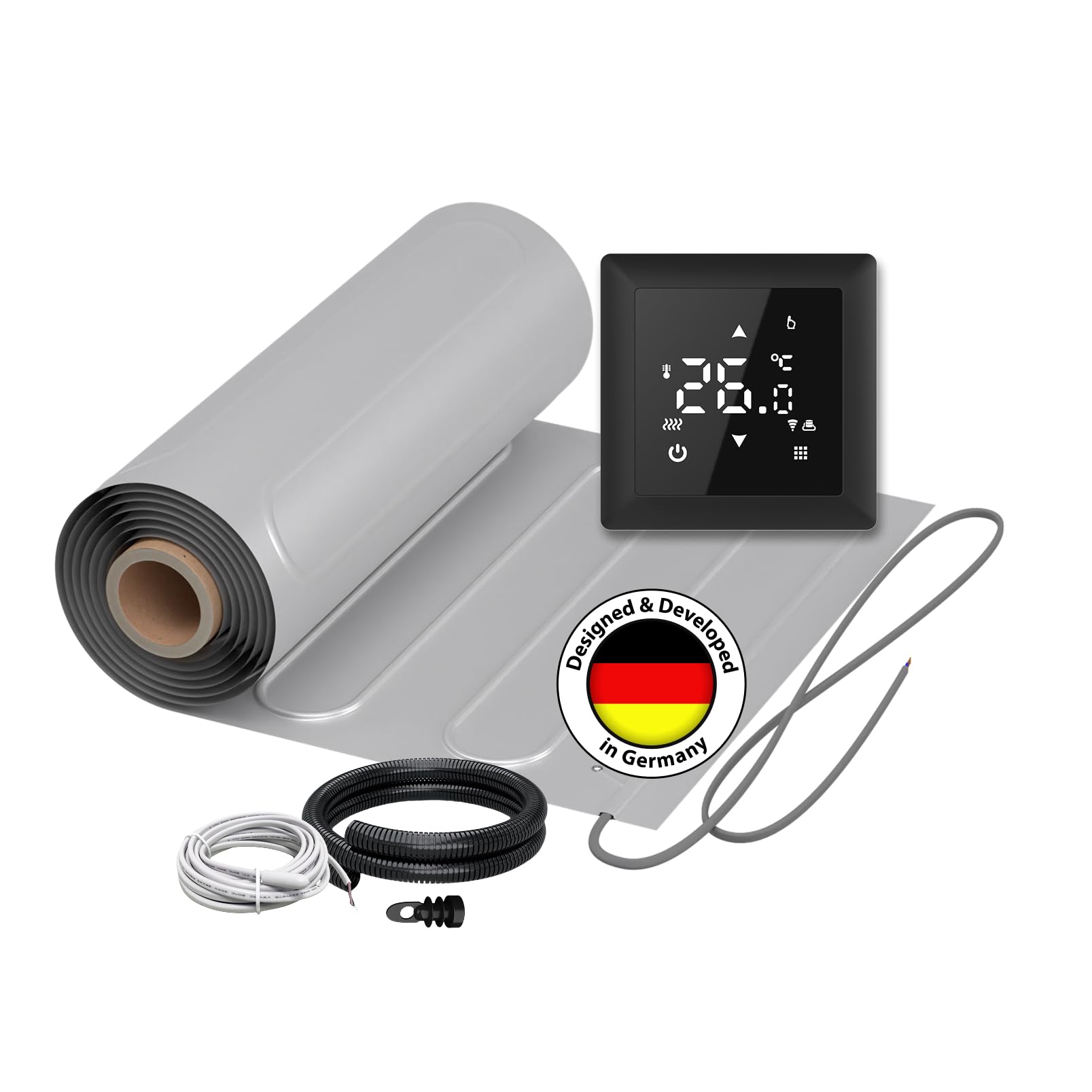 Chauffage au sol électrique pour stratifié : tapis chauffant en aluminium à deux fils WARMON ALU 150 W/m² pour sol flottant avec thermostat, thermostat :, taille du tapis : 5 m²