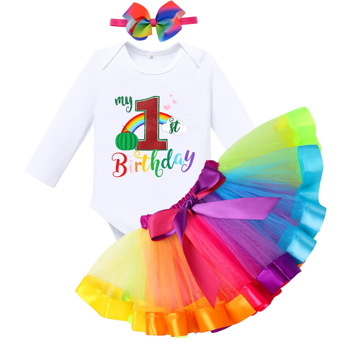 Newborn Photography Outfits Girl First Birthday Outfit Girl Baby Toddler Short Sleeve Romper+Rainbow Princess Tulle Tutu Skirt+Headband Clothes Party Dress Cake Smash Props White 1st Birthday 1T