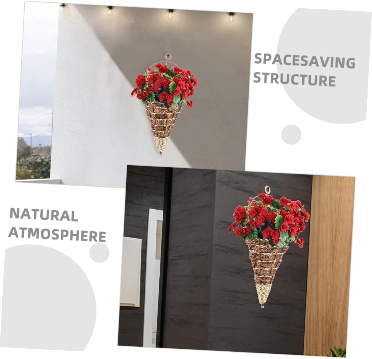 Unomor 3pcs Simulated Rattan Hanging Planters Cone Shaped Woven Wall Basket Decor for Indoor Outdoor Garden Rustic Flower Pot Holders for Farmhouse Aesthetic