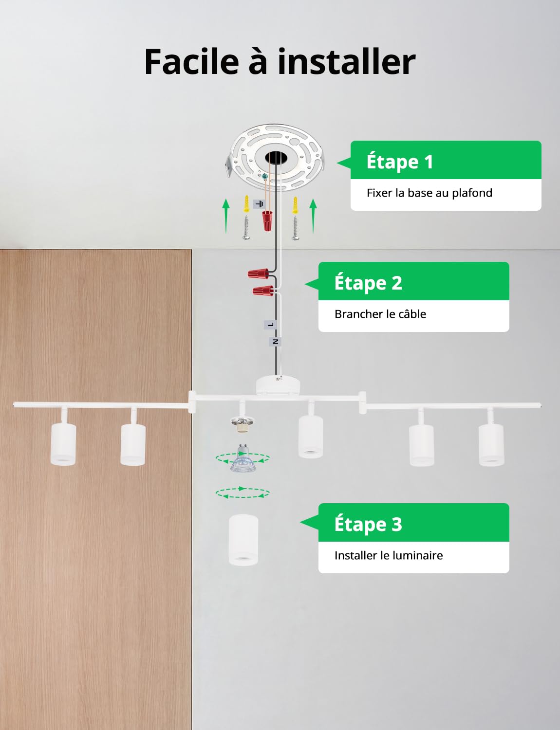 Bojim Blanc Plafonnier LED 6 Spots Cuisine Lumiere Plafond Orientable Eclairage Précis, Lustre GU10 Ceiling Light Long Lampe Rampe Spot sur Rail pour Interieur Salon Bureau Chambre, Sans Ampoules