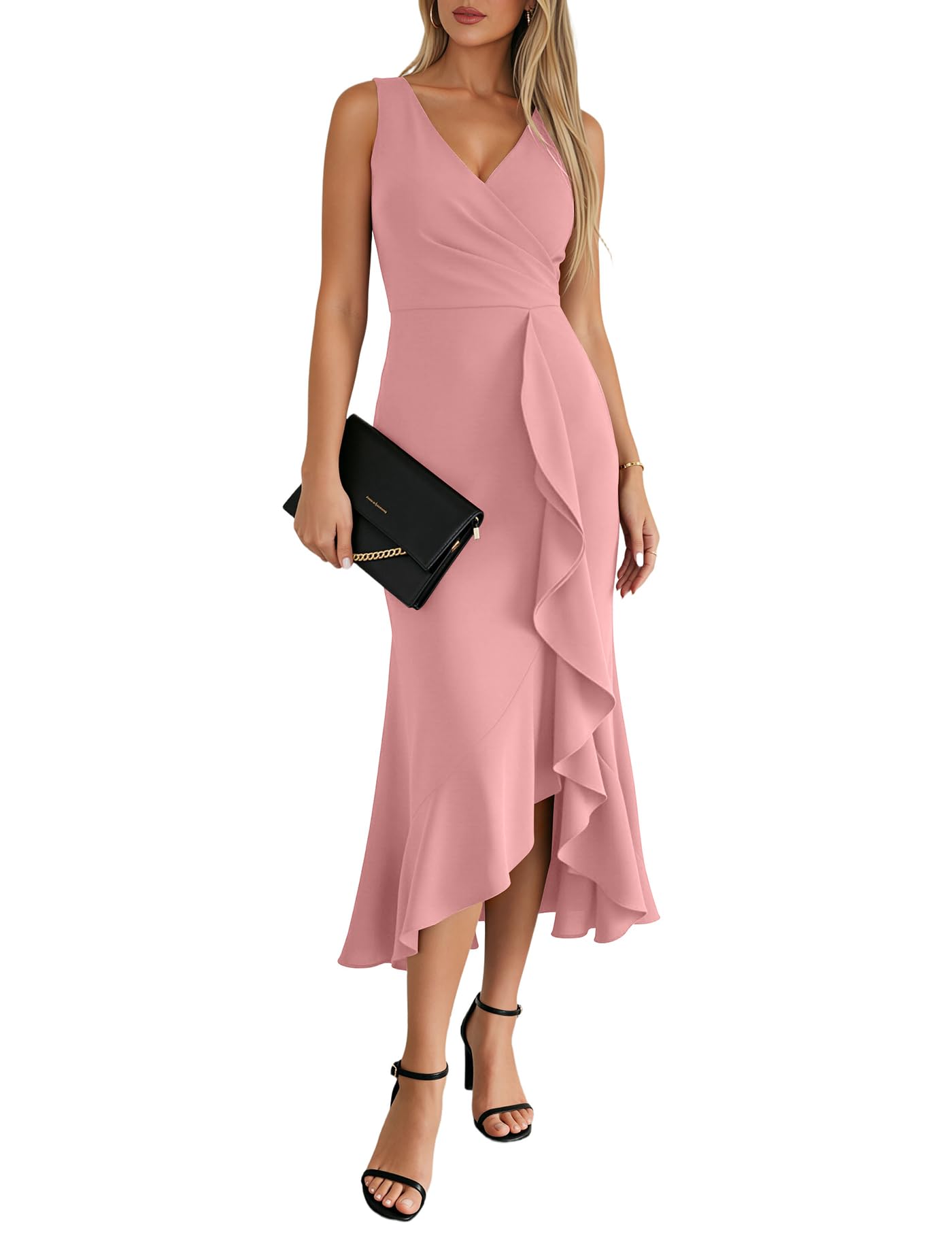 View 1 of OWIN Women's Summer V Neck Sleeveless Ruched Bodycon Sheath Midi Ruffle Hem Formal Evening Cocktail Party Dress Pink L