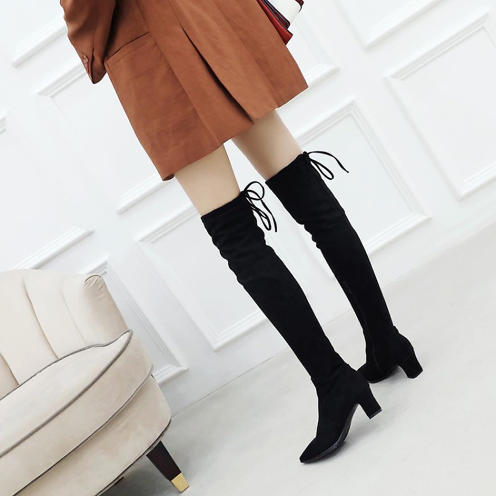 6CM/2.36IN Frauen über dem Knie Oberschenkel-Hohe Stiefel Lange Elastische Spitze Dicke Fersen Herbst Sexy Stiefel