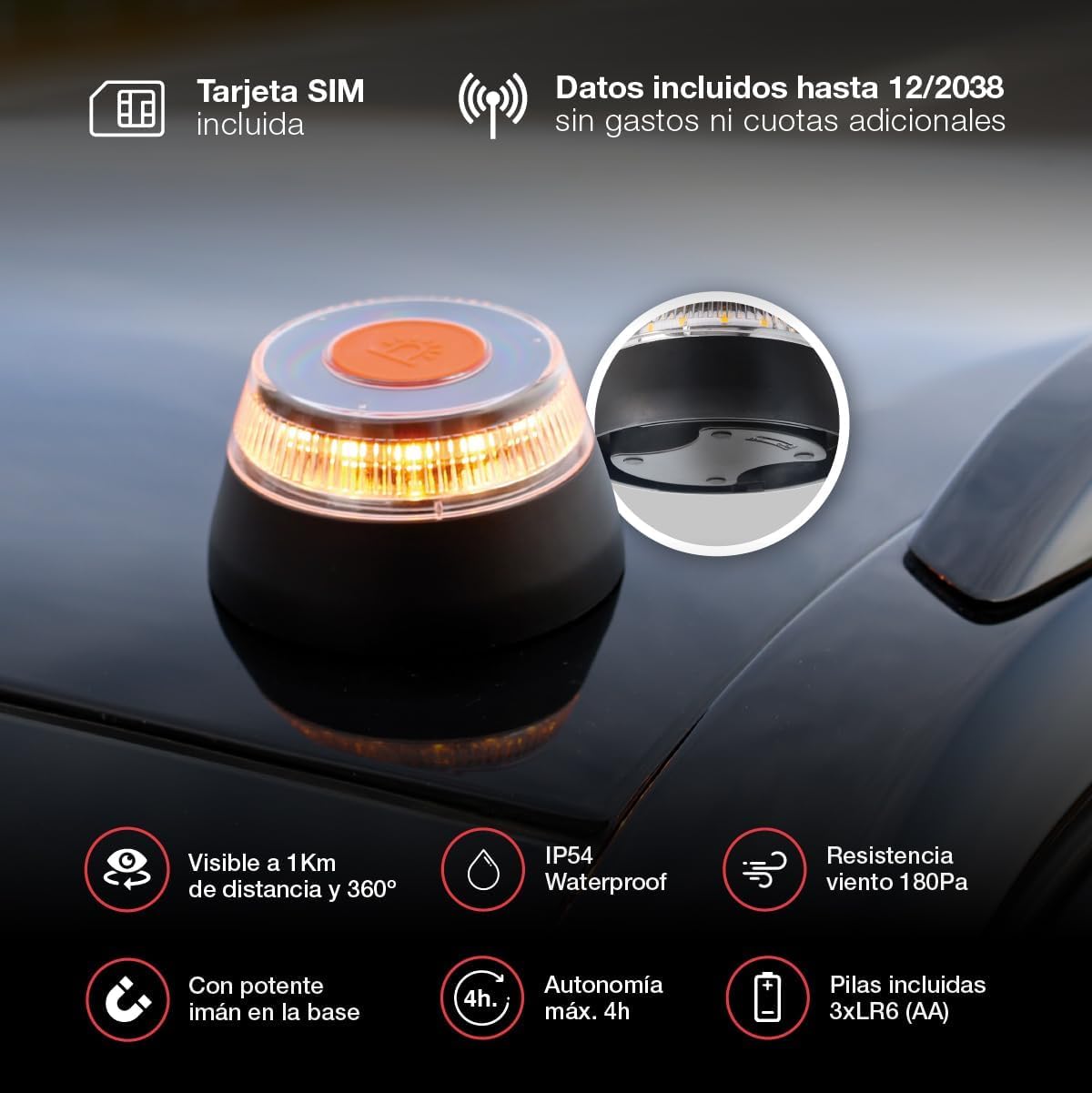 Luz de Emergencia V16 con Geolocalización Homologada y Conectada con la DGT 3.0 SIM Incorporada con Plan de Datos Incluido Clasificación IP-54 Base Imantada (2unidades)