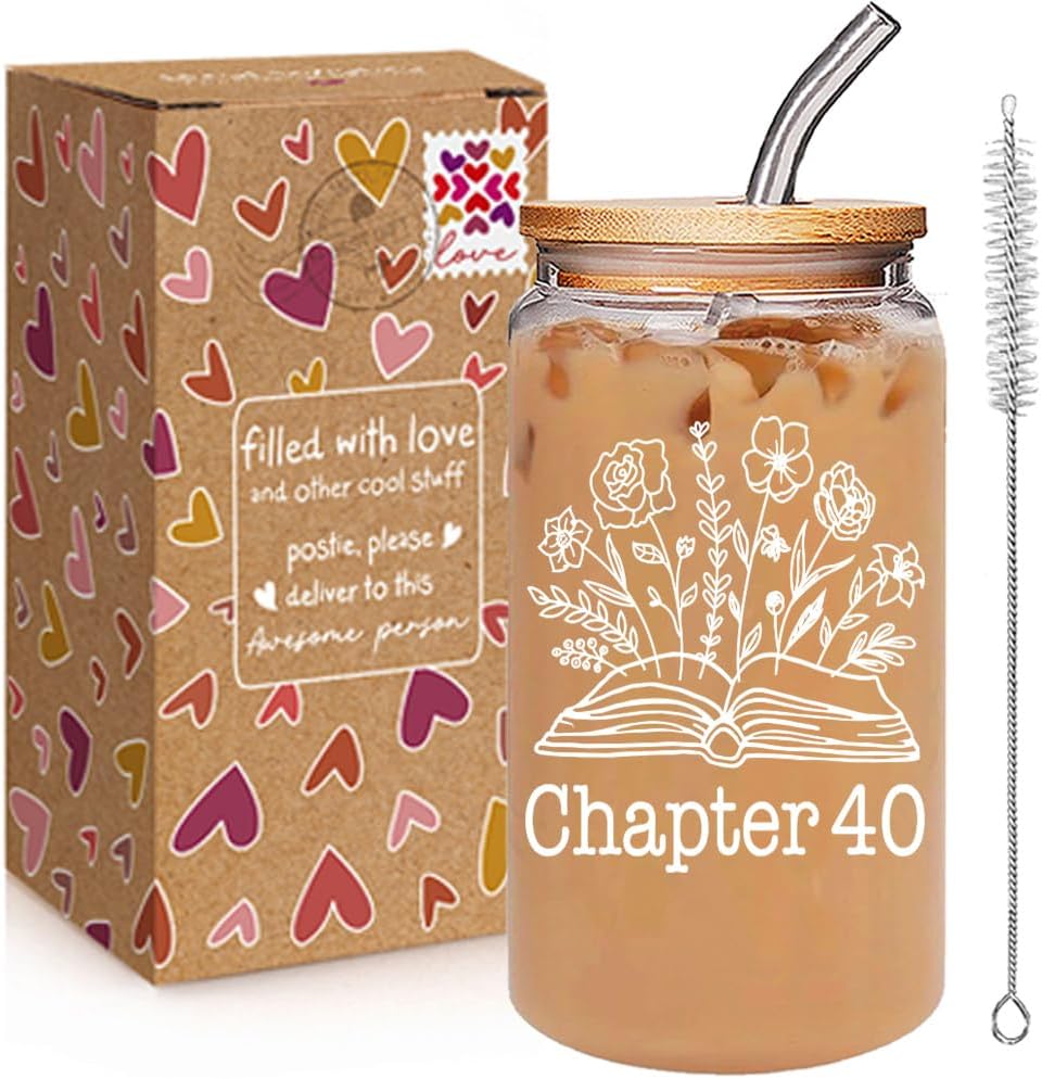 Qubereeree 40th Birthday Gifts Women - 40 Year Old Birthdays Gifts Idea for Friends Sister Wife Mom Daughter,Chapter 40 Coffee Glass -16oz Frosted Glass Drinking Cup with Lids and Straw, Turning 40