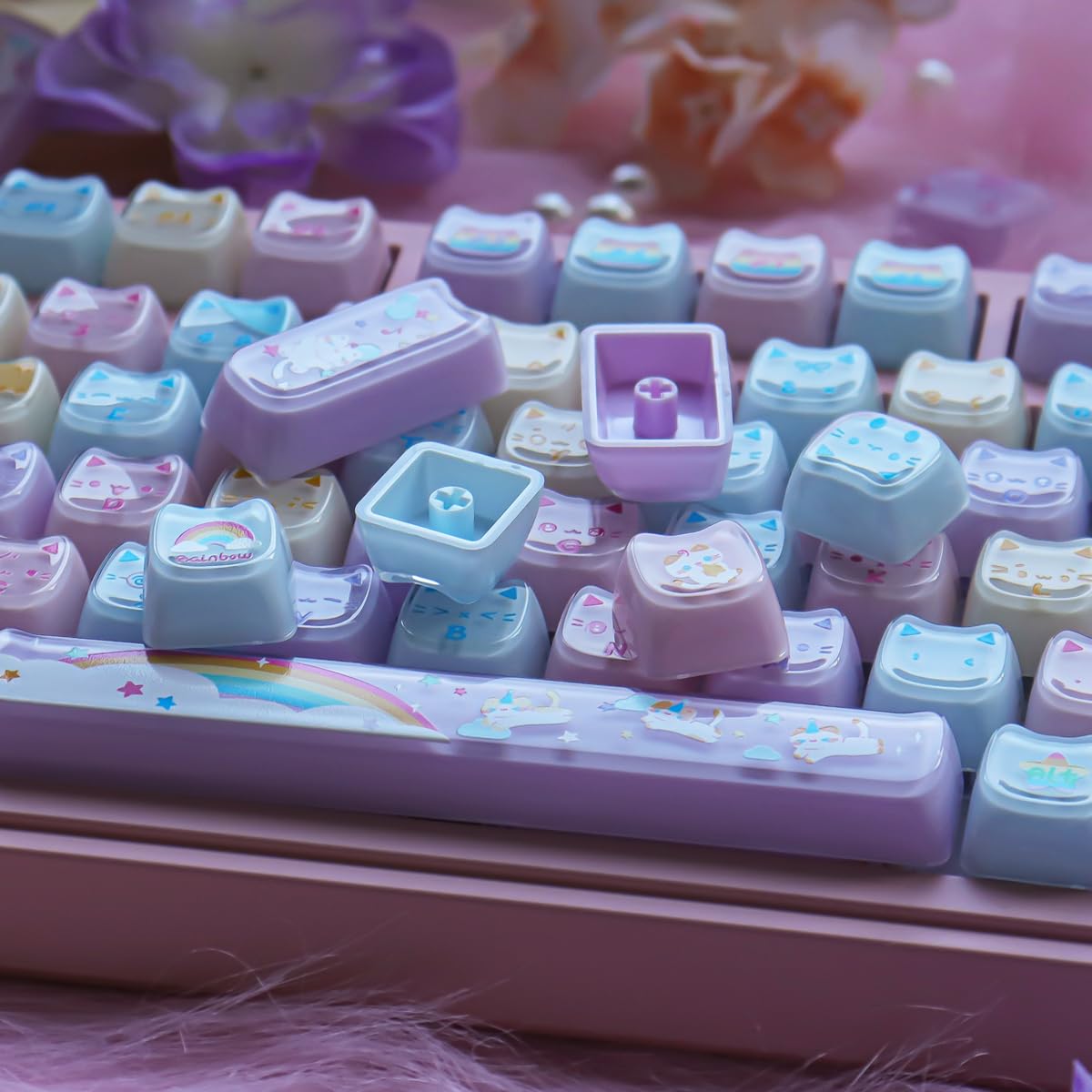 Crystal Jelly Cat Keycaps, 131 klawiszy Double Shot Translucent Cute Keycaps, Mao Profile Custom Keycap for Cherry Gateron MX Switches Mechanical Keyboard