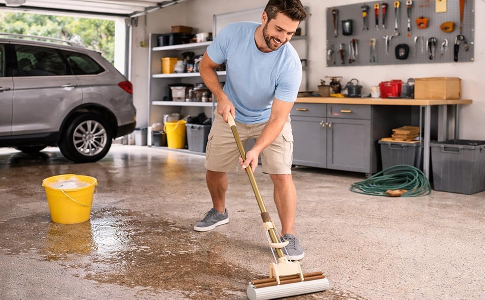 Image of Premium PVA Sponge Mop for Floor Cleaning with Self-Wringing Roller, Super Absorbent Water Absorbing Mop, Extendable Handle, Quick Dry Squeeze Roller for Kitchen, Bathroom