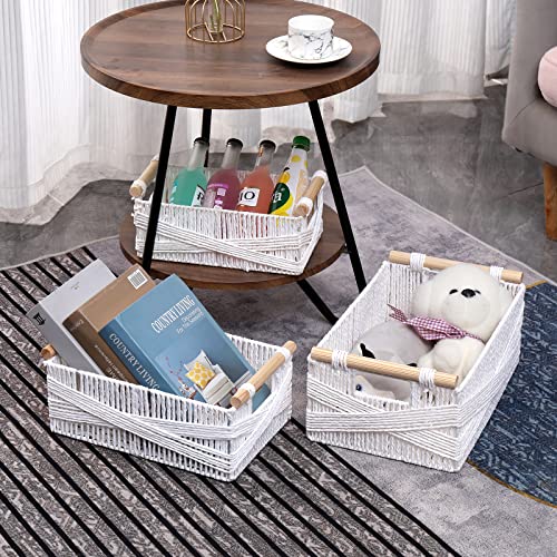 Storage Baskets Boho Decor Baskets Paper Rope Basket With Wood Handles Nested Handmade Woven Baskets Decorative Countertop For Organizing,Toilet Paper Basket For Tank,Set Of 3 Nested Baskets #TOP7