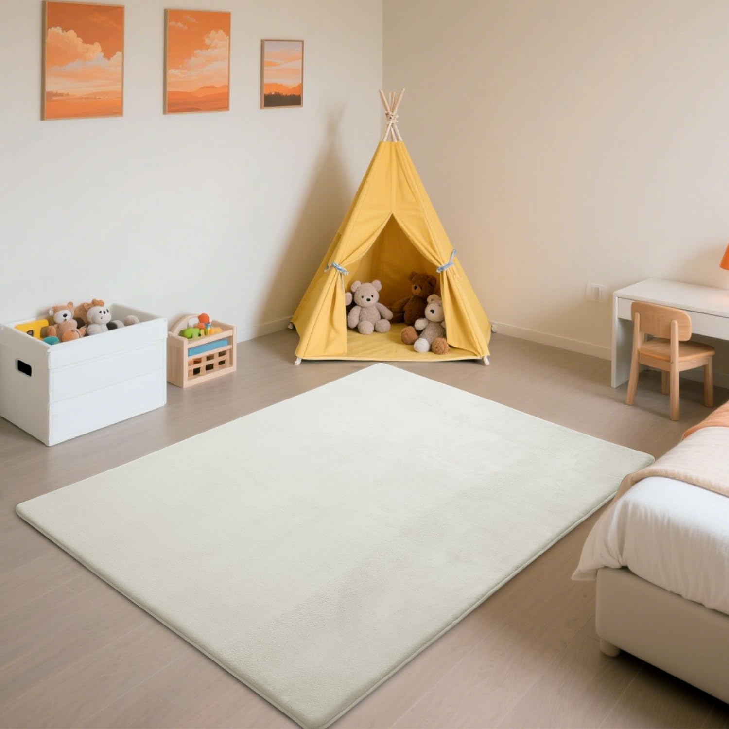 Tapis d'éveil et de Jeux Bebe Epais de 3 CM, Tapis Salon Chambre Poil Ras Jaune Crème 80x200 CM, Tatami Tapis Doux pour la Chambre Bebe, Chambre d'enfants