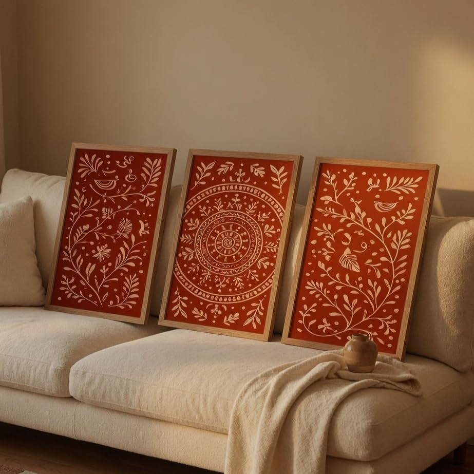 Livin'luxe Traditional Terracotta Mandala Wall Art Set of 3 - Premium HD Sparkle Laminated Gallery Decor - Ethnic Floral Framed Painting in Wooden Synthetic Frame 11 Inch x 14 Inch-picture-37
