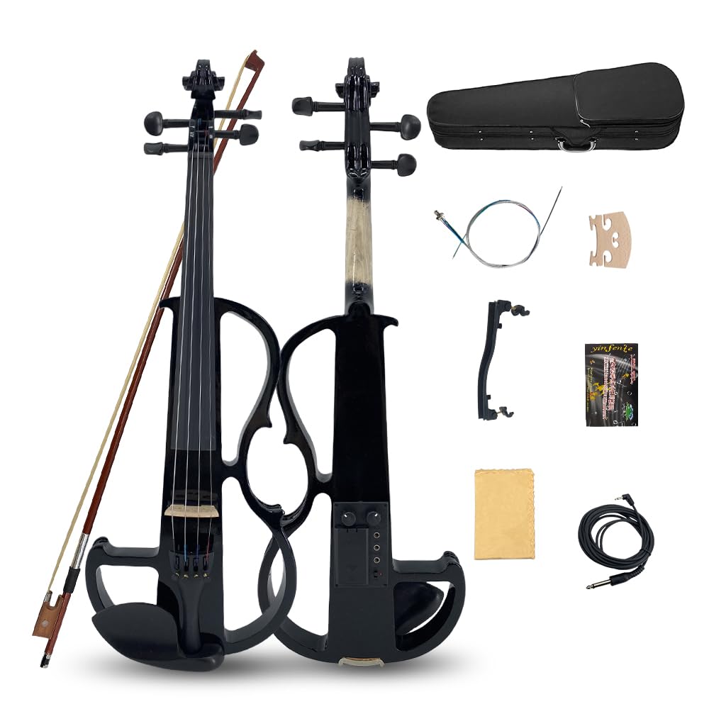 Violino elettrico 4/4 full size - Violino elettrico silenzioso con jack per cuffie, accessori in ebano - Include custodia, archetto - ideale per pratica e performance