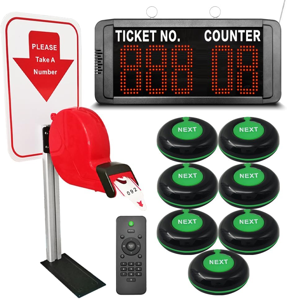 Take a Number Machine 3-Digit Queue System for Customers with 1 LED Display Broadcast Ticket and Counter Number 7 Waterproof Next Call Button 1 Red Ticket Dispenser Stand