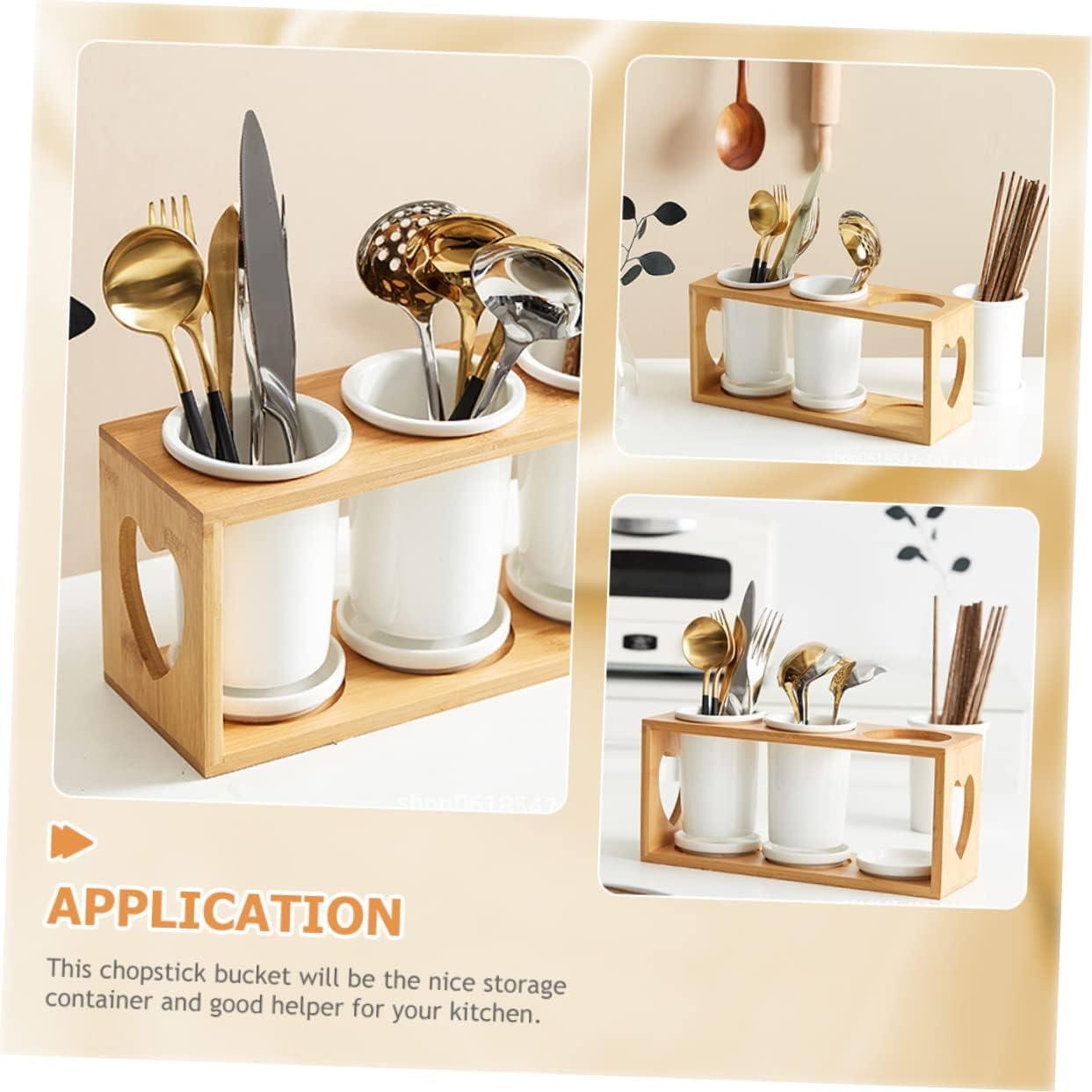 Ceramic Chopsticks Holder Set Bamboo Rack 3-Tube Kitchen Utensil Organizer Multi-Functional Cutlery Storage for Home Cooking