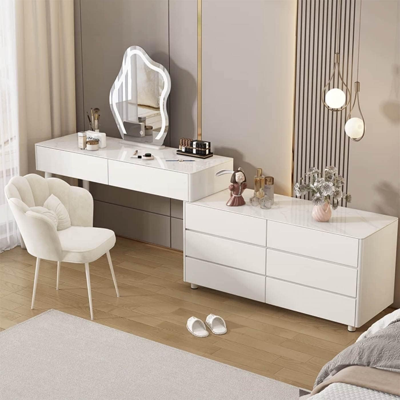 Generic Makeup Vanity Set with Mirror and Lights, Vanity Desk with Retractable Side Cabinets and Cushioned Stool, Dressing Table for Women/Girls, DVFWEGV01