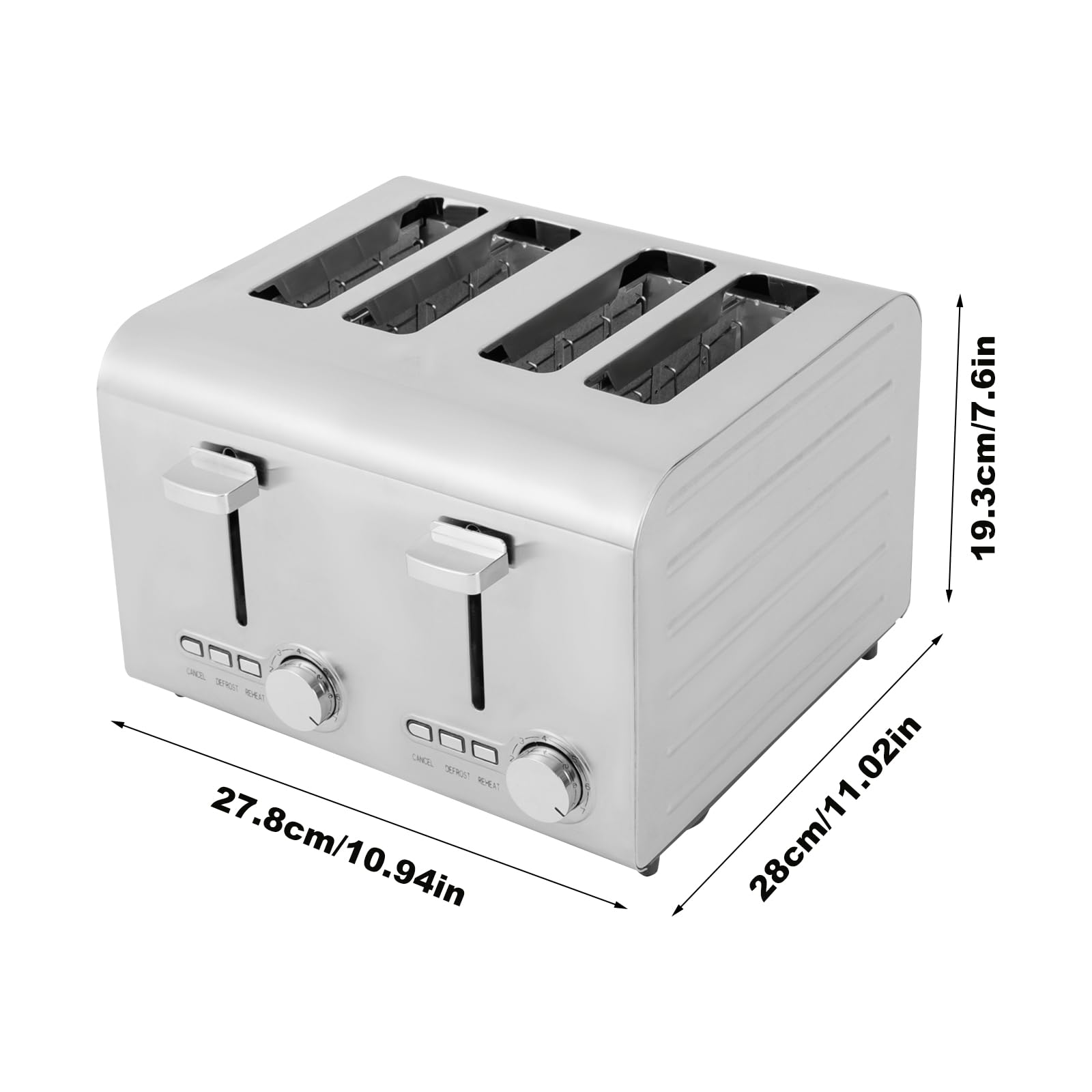 Tostapane in argento, 4 fette, in acciaio inox, per casa, panetteria, snack bar, ristorante, caffetteria, 27,8 x 28 x 19,3 cm
