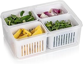 SRUNISH Set of 4 Divided Food Serving Tray with Lids Fridge Storage Boxes Refrigerator plastic Storage Basket, Expandable Fridge Rack, Sliding Vegetable Organizer Tray Box (4 Compartment)