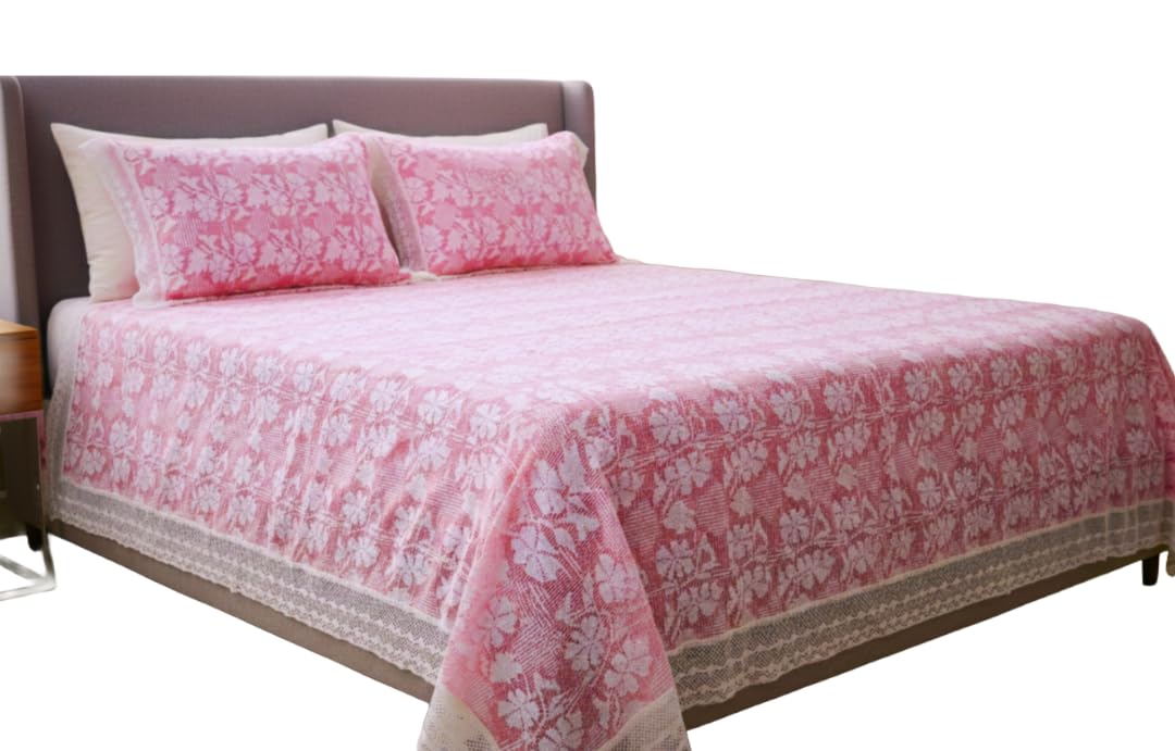 Trendy Pink Floral Cotton Lace Bedspread with White Crochet Border | Cotton-Crochet Double Bedcover | 100inchX90inch(254cmX228cm) | Pack of 1-image-34