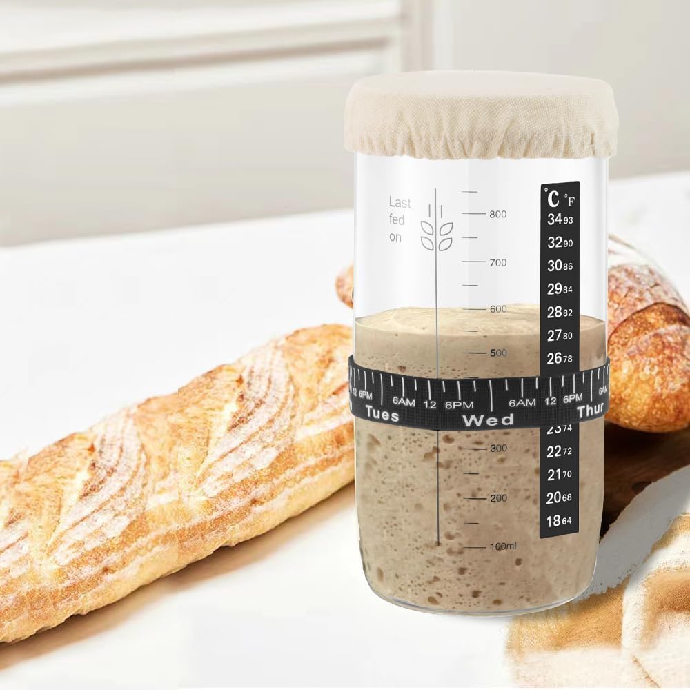 Sourdough Starter Glass Jar Kit - Complete Set With Spatula, Thermometer, Cloth Cover & Feeding Band