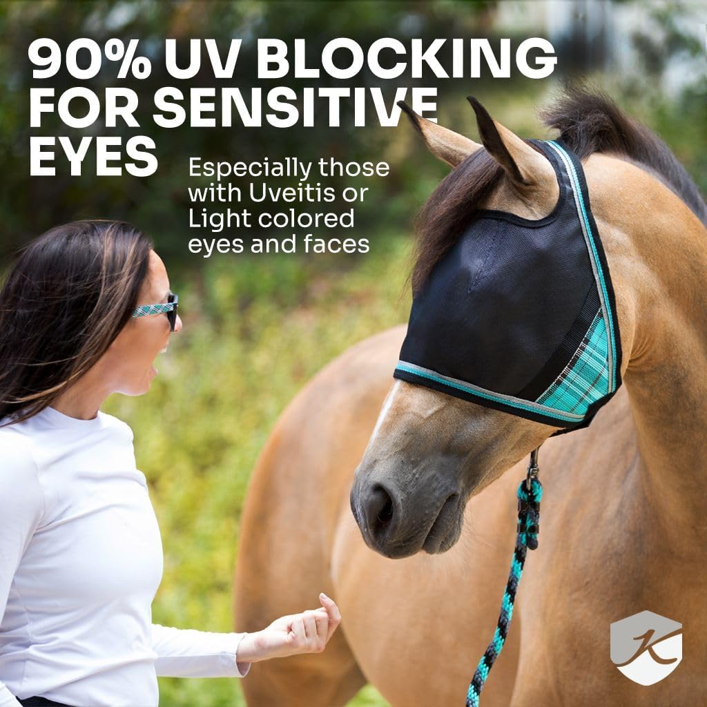 Kensington 90% UV Fly Mask Halter CatchMask UViator - with Ears & Forelock Freedom Web Trim * Roomy Fit, Size: L (Average Horse) Color: 2021-Atlantis