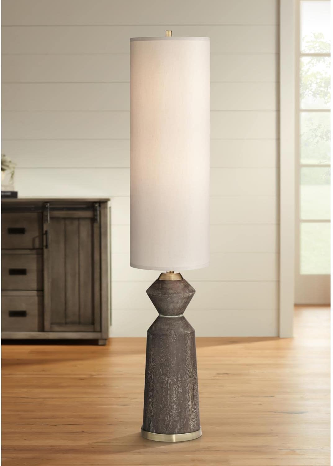 Franklin Iron Works Taboo Mid Century Modern 66" Tall Standing Floor Lamp Sculpted Column Foot Switch Brown Faux Wood Finish Living Room Bedroom House Reading Office Home Decor Entryway Beige Shade