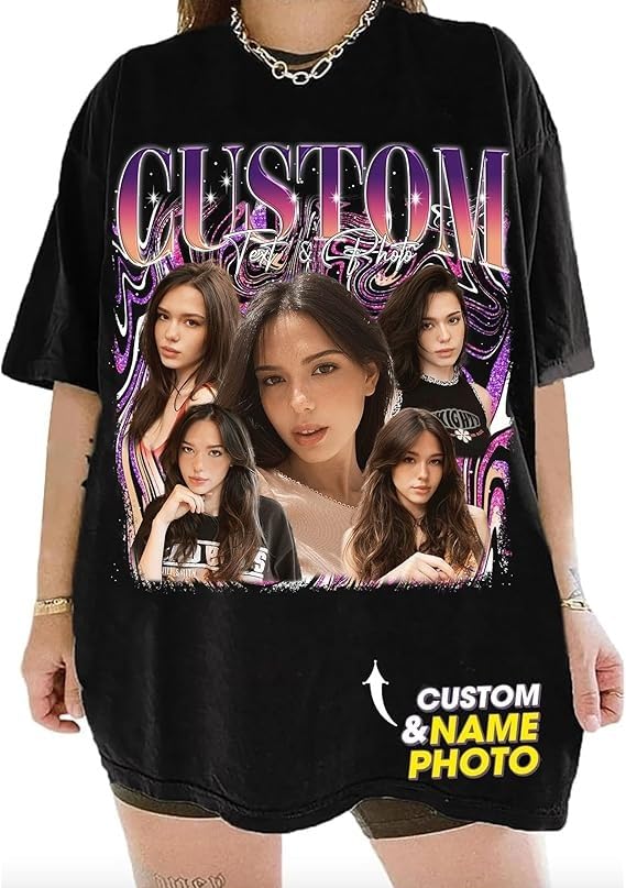 PB TECH Personalised Photo & Text T-Shirt Customised Unisex T-Shirt for Men Women Custom Bootleg Rap Tee Vintage Style for Music Fans Customised T Shirt