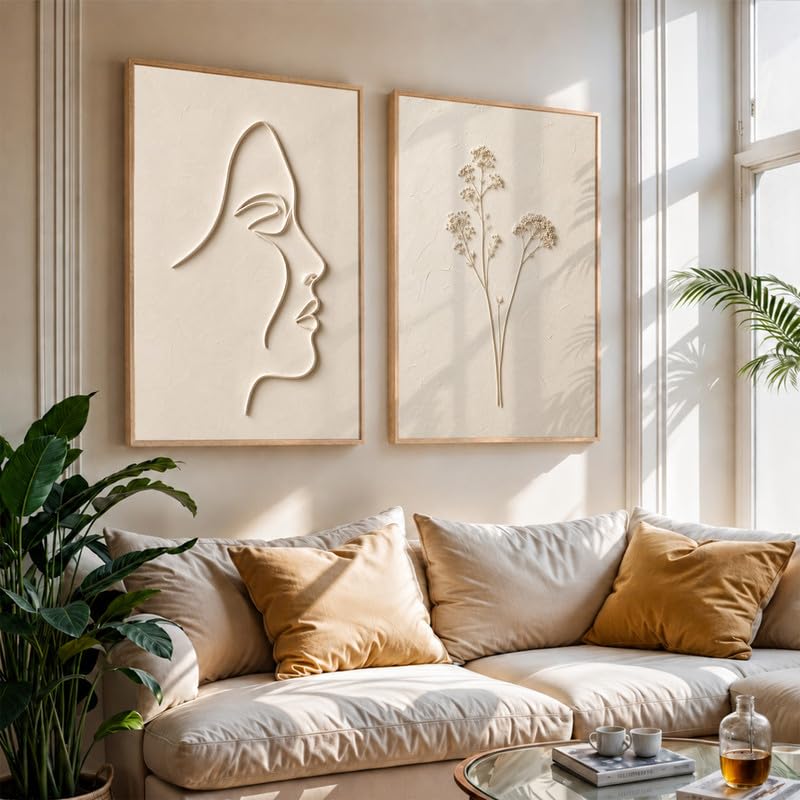 Image of NoWorries Minimal Line Art Wall Painting Set of 2 with Frame | Abstract Woman Face & Botanical Flower Beige Artwork, Modern Neutral Wall Decor for Living Room, Bedroom, Office and Home Decoration (Art-8, 17x25inch)
