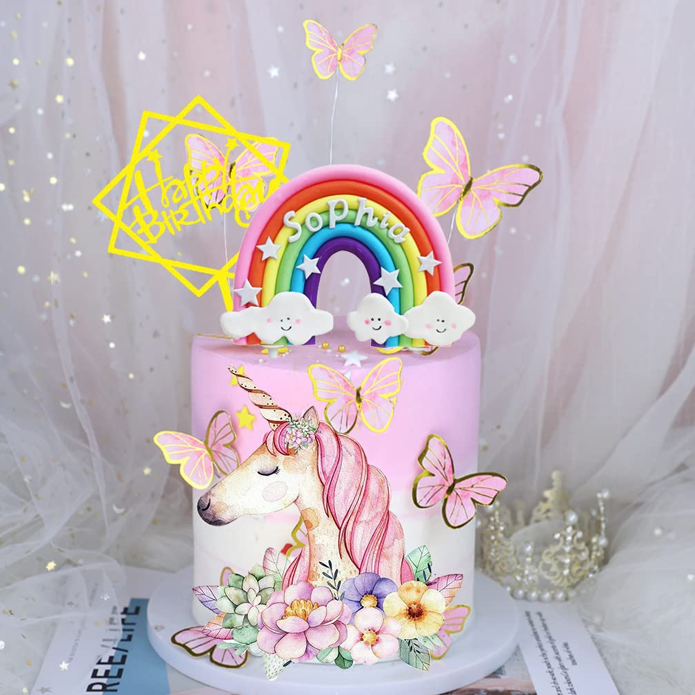 Personalized Rainbow Unicorn Cake Topper Butterflies Deco for Rainbow Unicorn Birthday (Unicorn set)
