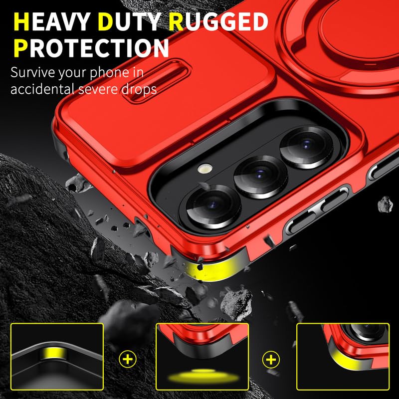 Image of LuxuryKase Shockproof Rugged Case for Samsung Galaxy S26 Plus | Slide Camera Cover | 360 Rotating Ring Kickstand | Military-Grade Protection - Cherry Red