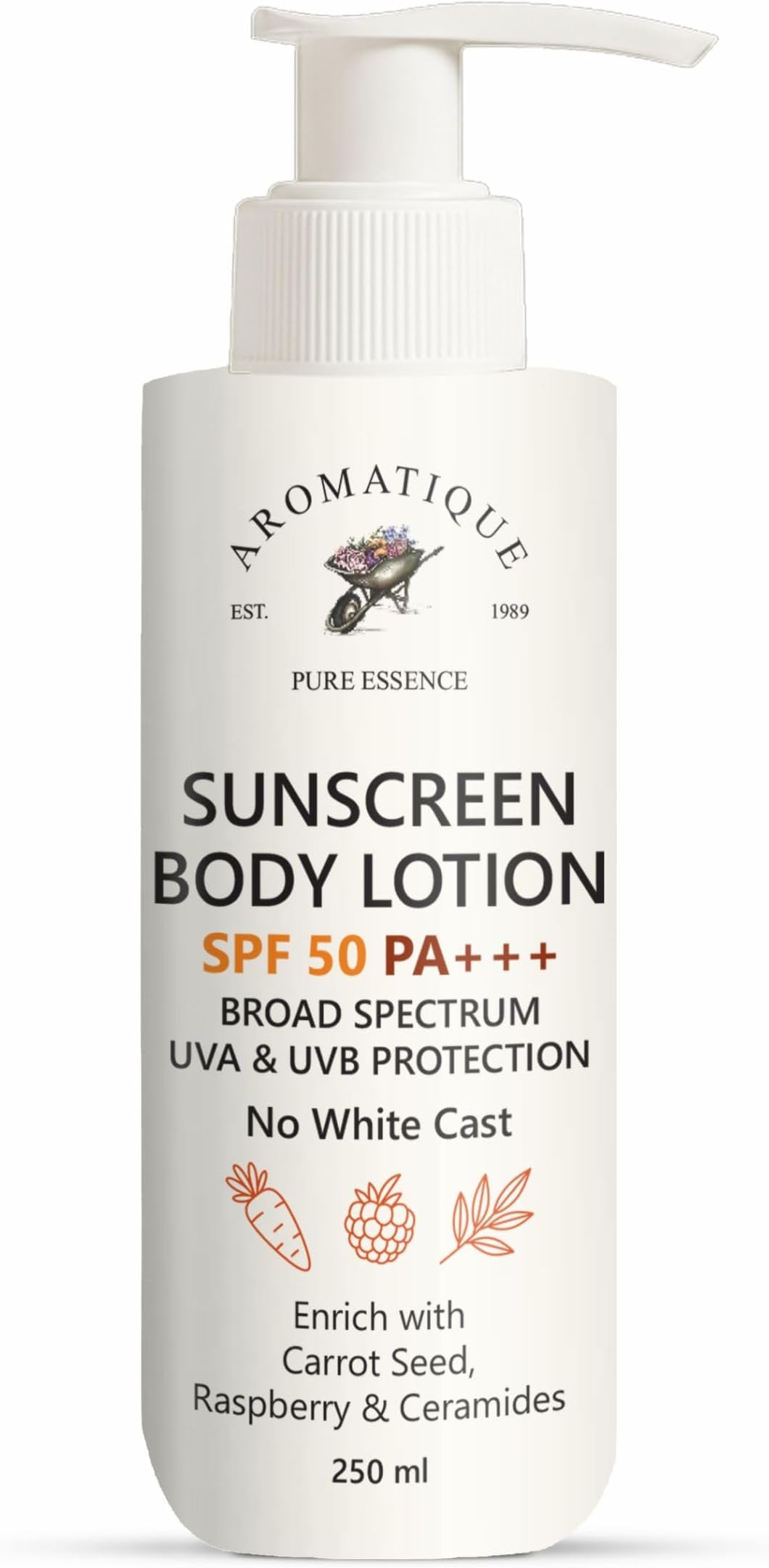 - Aromatique Sunscreen Body Lotion SPF 50 PA+++ | Broad Spectrum UVA & UVB Protection | No White Cast | With Carrot Seed, Raspberry & Ceramides | 250ml Body Sun Lotion