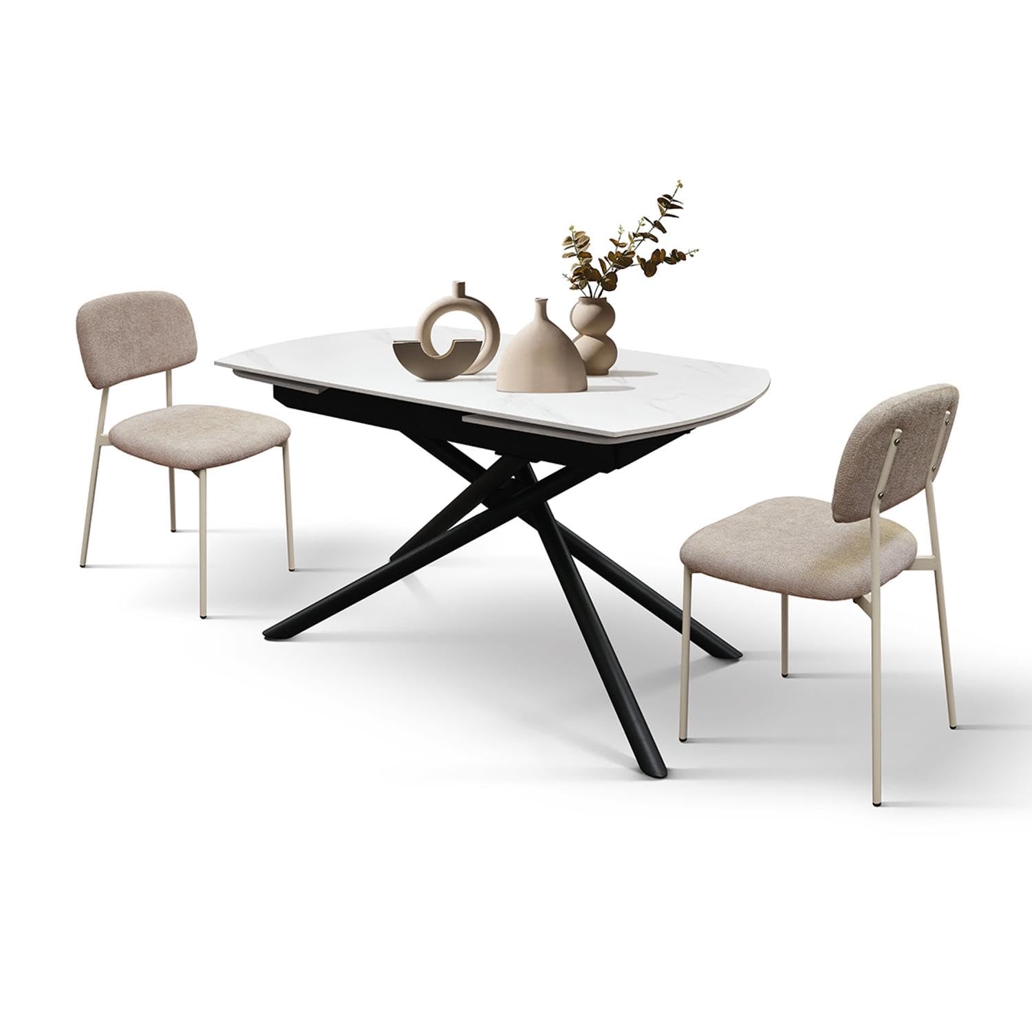 KONTE.DESIGN Tavolo BONIFACIO in ceramica bianco statuario e base in metallo verniciato nero, allungabile 120x88 cm - 180x88 cm