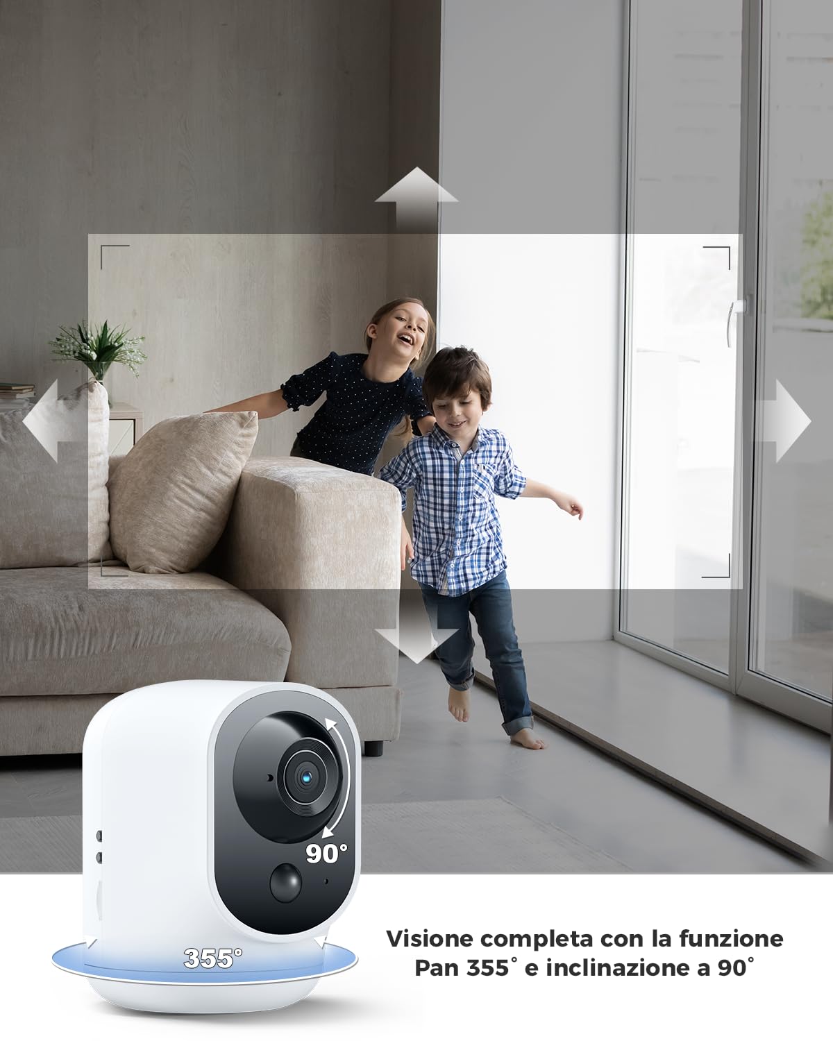 COCOCAM 2K Telecamera WIFI Interno Senza Fili con Batteria 5200mAh, 355°P 90°T Wireless per Baby Monitor per Animali Assistenza Agli Anziani, Riconoscimento AI, PIR Rilevamento Umano (1, Bianco)