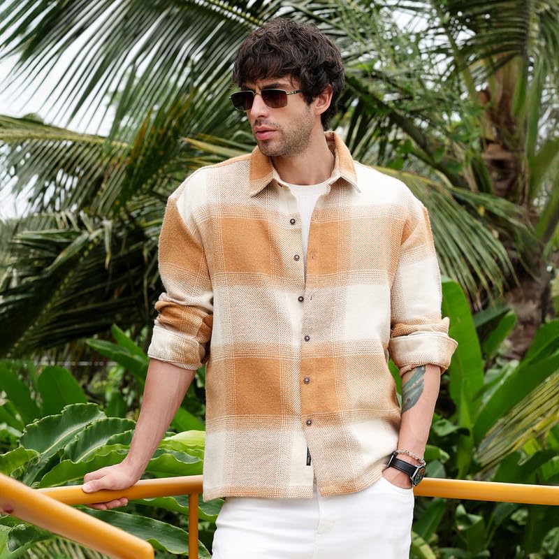 Image of CAHOOT Men Shirt | Spread Collar, Long Single-Button Cuff Sleeves | Button, Straight Hem | Plaid Twill | Woven Fabric for Casual Tan Brown:Off White