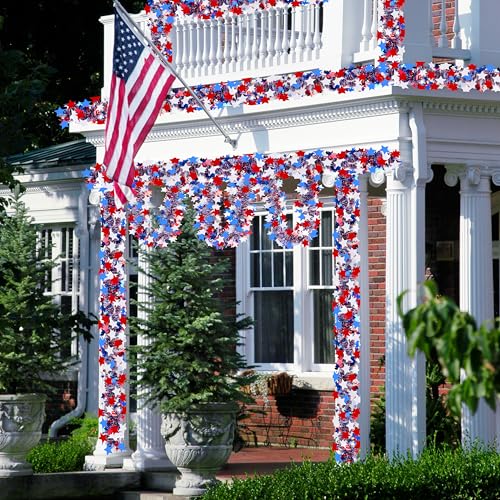Image of 50FT 4th of July Patriotic Tinsel Garland, Glitter Tinsel Garlands with Red White Blue Star, Metallic Holiday Hanging Streamers for Memorial Day Independence Day Indoor Outdoor Party Decor