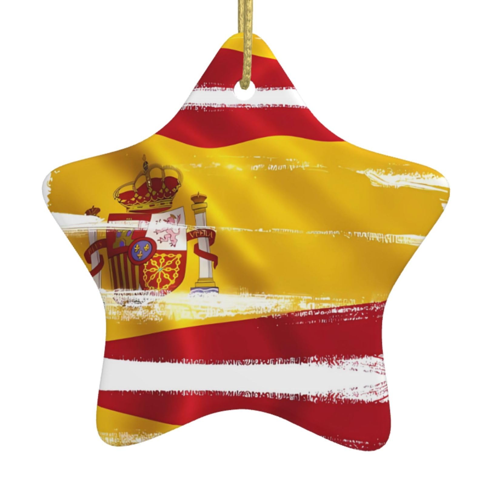 Spain Flag Christmas Ceramic Star Pendant with Punched Holes and Gold Wire Rope, Christmas Tree Home Decoration