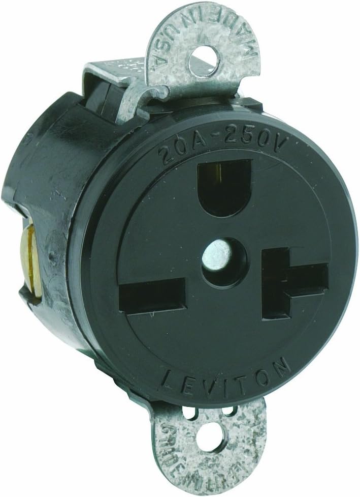 Leviton 5458-SS 20 Amp, 250 Volt, Short Strap Single Receptacle, Commercial Grade, Straight Blade, Grounding, Black