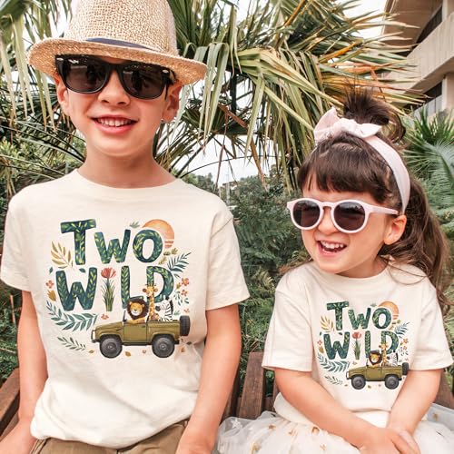 Kids 2nd Birthday Safari Shirt - Two Wild Second Birthday Theme - Safari Animals Zoo Adventure Toddler Shirt - Cute Jungle Truck Vehicle - Boys & Girls 2 Birthday Outfit - Natural Baby Toddler Youth Clothing2