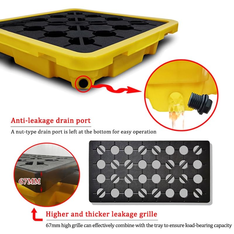Industrial Spill Containment Pallet - Modular Stackable Drum Storage with Detachable Grating Tray and Leak-Proof Drain(66x36x12cm)