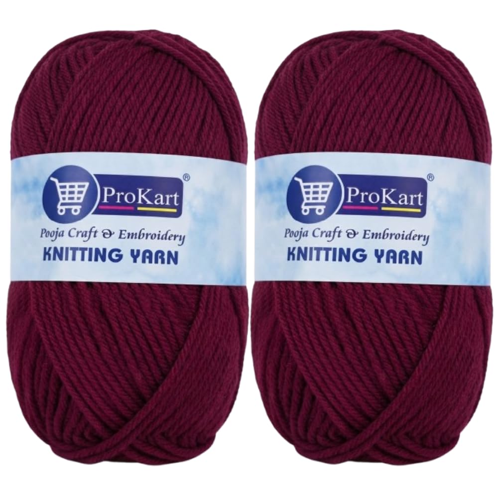 ProKart Premium Woolen 4 ply Hand Knitting Wool Yarn | Fine Weight Knitted and Crocheted Soft Yarn for Sweater, Scarf, Hat, Baby Clothes, Baby Sports, Purse, Gift Bags & DIY Craft Accessories Projects (1 Ball/100 Gram Each) (Maroon, 100gms x 2 Pack)
