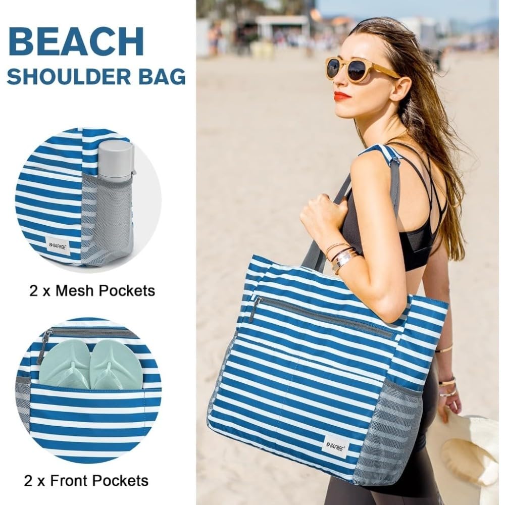 Sac fourre-Tout de Plage pour Femme, Fourre-Tout Pliable de Plage résistant à l'eau avec Pochette, Rayures Bleues et Blanches