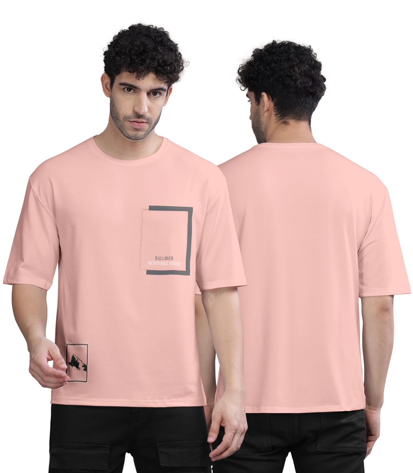 BULLMER Peach Trendy Front Printed oversized Round Neck T-shirt for men