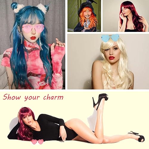 Miniatura 7 de DIYI Pelucas largas y coloridas, paquete de 6 pelucas onduladas para fiesta, pelucas de color rizado para mujeres, despedidas de soltera,