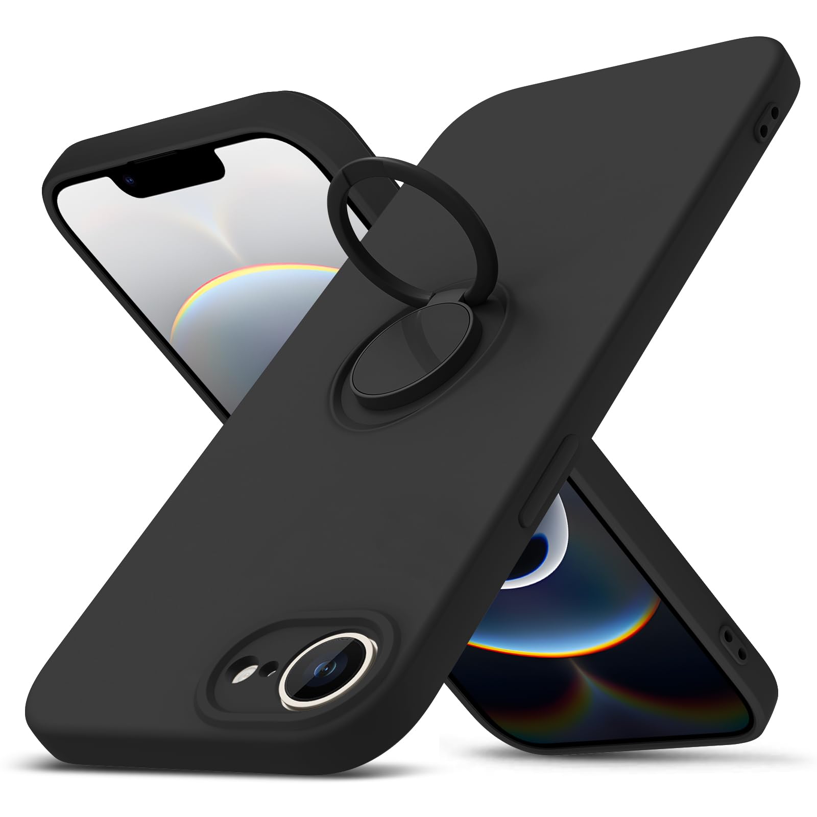Duluqboba 対応 iPhone 16e 用の ケース リング付き シリコン 薄型 耐衝撃 レンズ保護 360°回転 車載ホルダー 防水 軽量