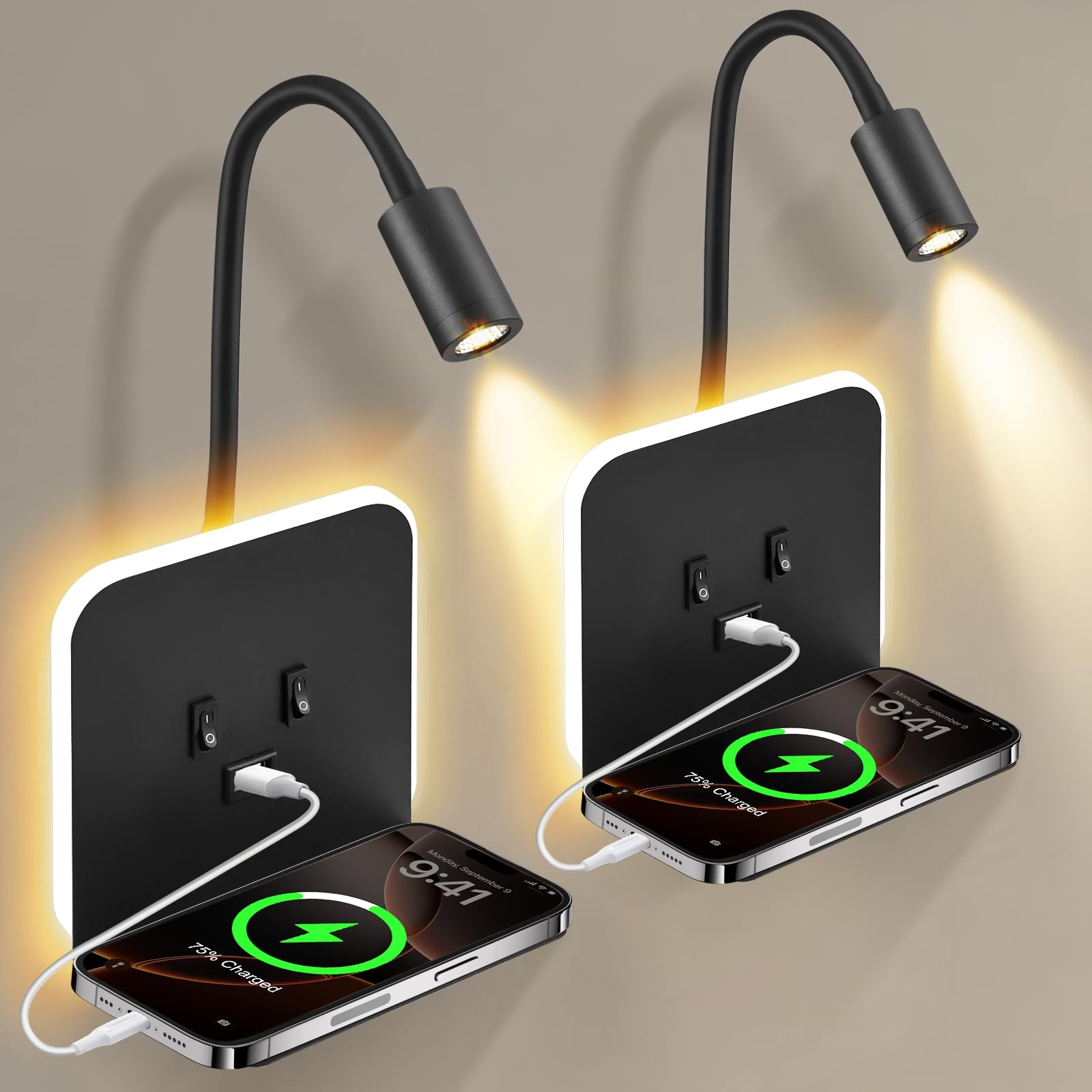 AWEKLIY LED-wandlamp voor binnen, leeslamp aan het bed met USB-oplader