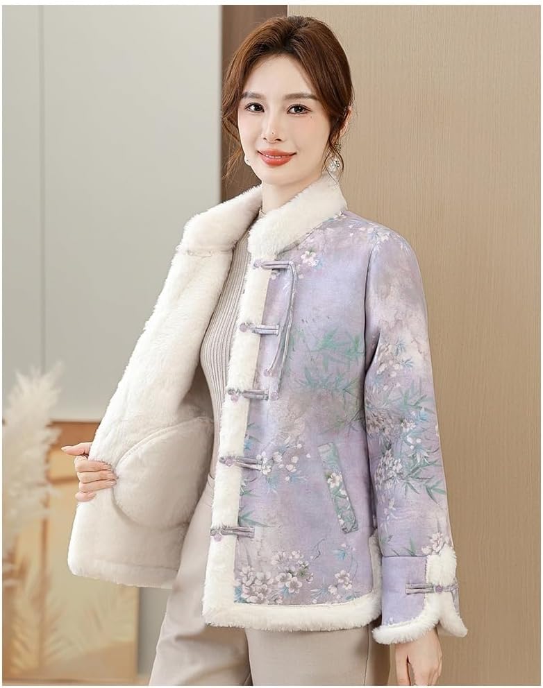 HSQIBAOER Women's Autumn Winter Jacket With Fleece Lining, Chinese Style Short Top