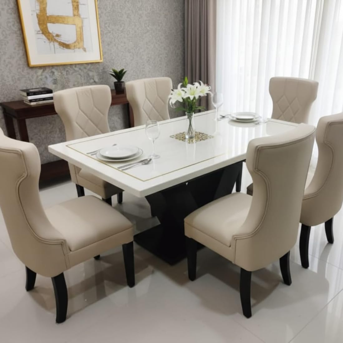 Taxzek Modern V-Shaped Dining Table with Marble & Modern Curved 6 Chairs (Golden)-image-44